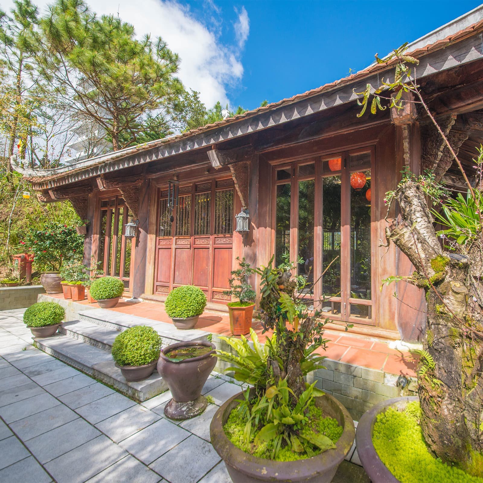 Чайный дом в Ba Na Hills — чайный павильон в традиционном стиле с видом на горные склоны, где можно отдохнуть после прогулки по храмовому комплексу.