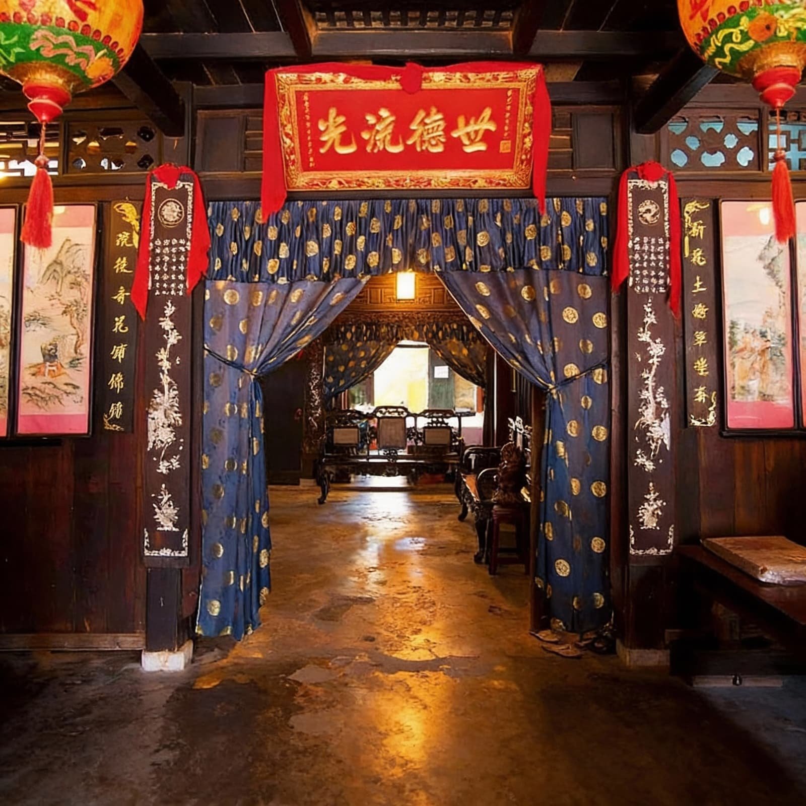 Архитектура отражает «портовый» характер Хойана: вьетнамский деревянный каркас сочетается с китайской декоративной резьбой и японскими конструктивными мотивами.