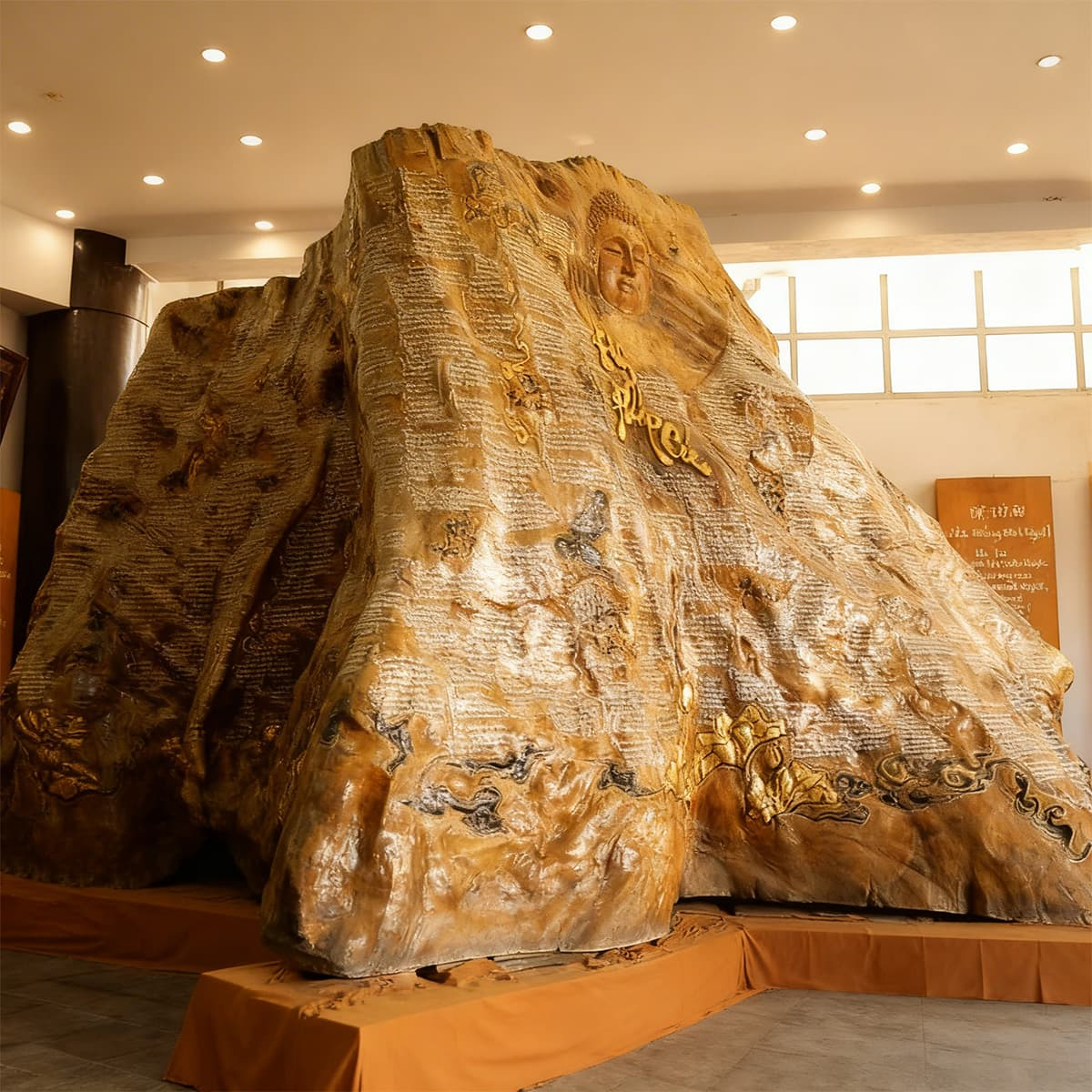 Резной ствол дерева trâm с полностью вырезанным текстом «Дхаммапады» в пагоде Линь Фуок в Далате — редкий образец буддийского искусства резьбы по дереву и один из необычных экспонатов храма