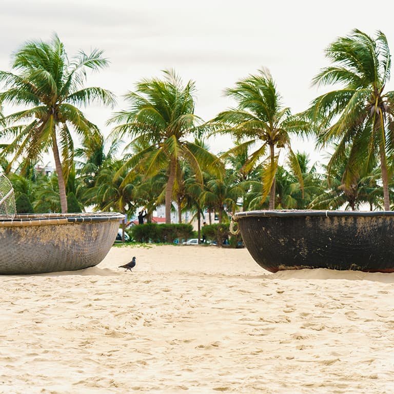 Традиционные рыбацкие лодки на пляже дананга