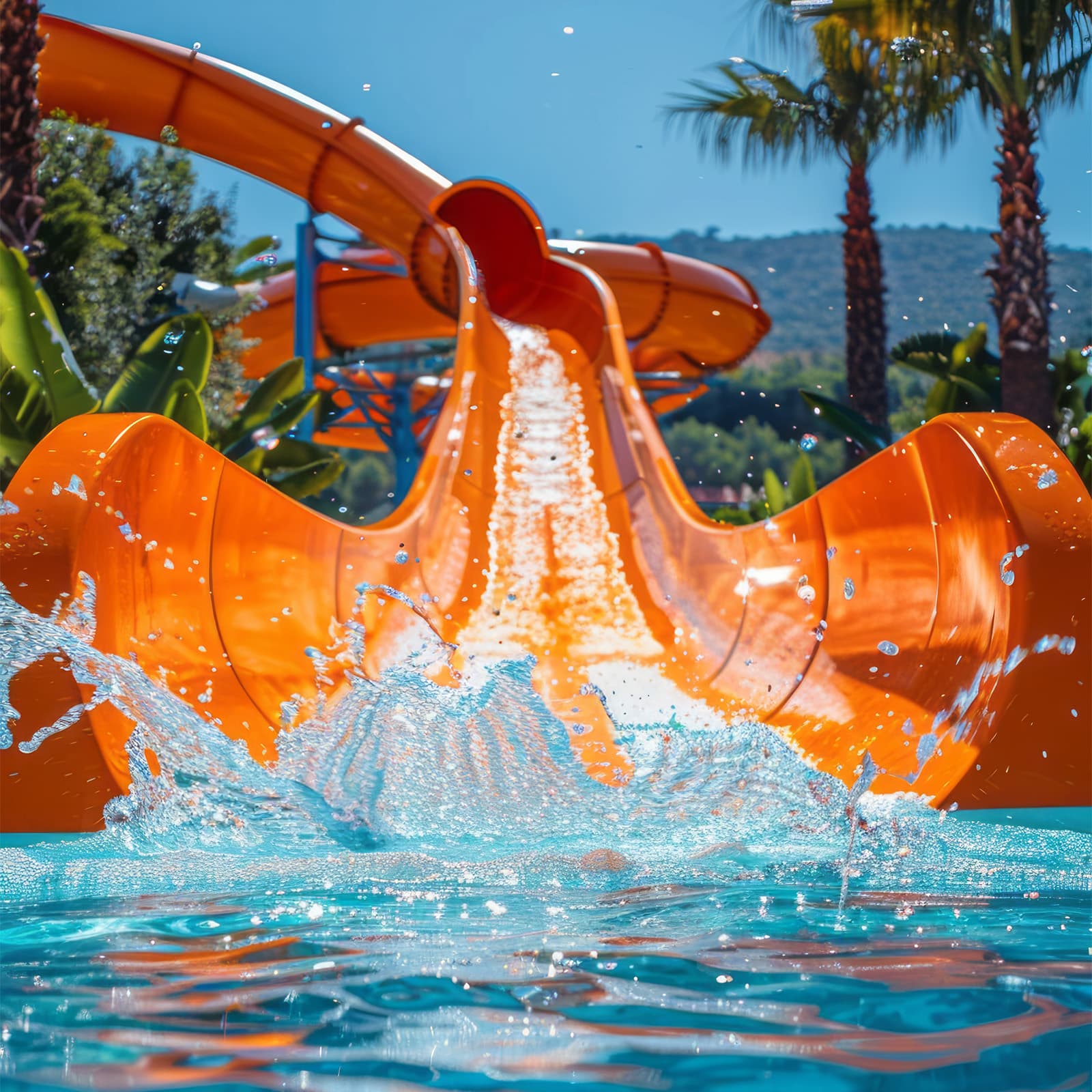 Открытая оранжевая водная горка среди пальм в аквапарке Tropical Paradise комплекса Vinpearl на острове Хонче
